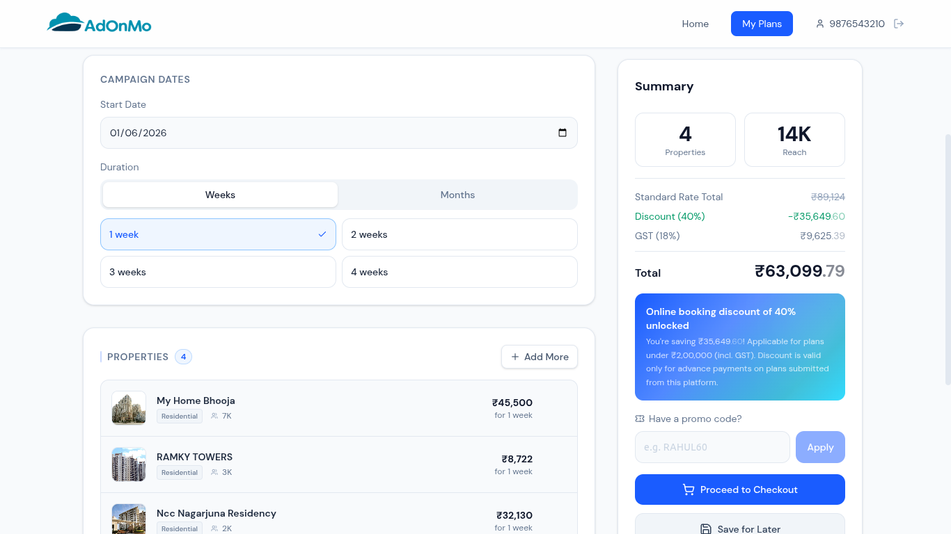 Adonmo booking portal — campaign dates, property selection, and pricing summary
